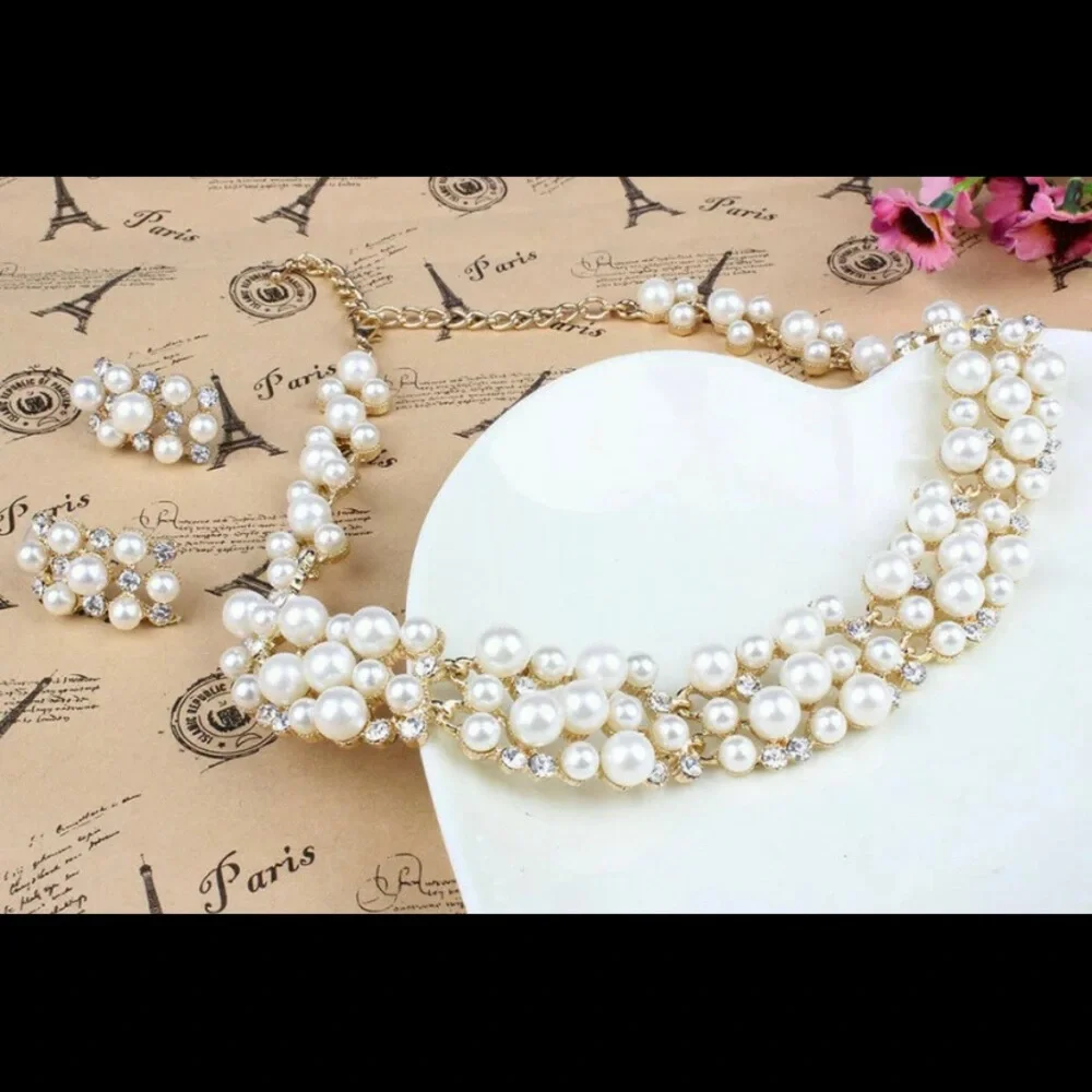 🍀New Crystal Pearl Necklace Earrings Jewelry gift Set - Picture 10 of 11